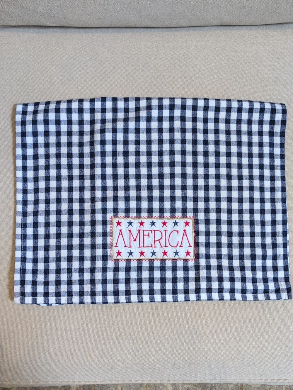 America Embroidered Navy & White Checkered Cotton Kitchen Towel Made In India